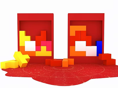 Interactive Zone With Red Frames Colorful Blocks And Scattered Pieces On Red Background 3d model