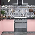 Modern Kitchen Interior With Pink Cabinets Black Countertop And Patterned Tile Backsplash 3d model