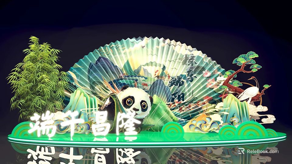 Traditional Chinese Fan Display With Panda Bamboo And Mountain Elements 3d model