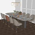 Modern Rectangular Dining Table Set With Grey Pink Chairs Tableware And Green Plants 3d model
