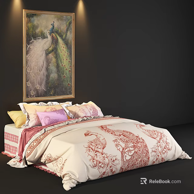 Elegant Background Double Bed With Colorful Pillows Red Pattern Bedspread And Peacock Painting 3d model 