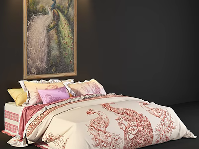 Elegant Background Double Bed With Colorful Pillows Red Pattern Bedspread And Peacock Painting 3d model