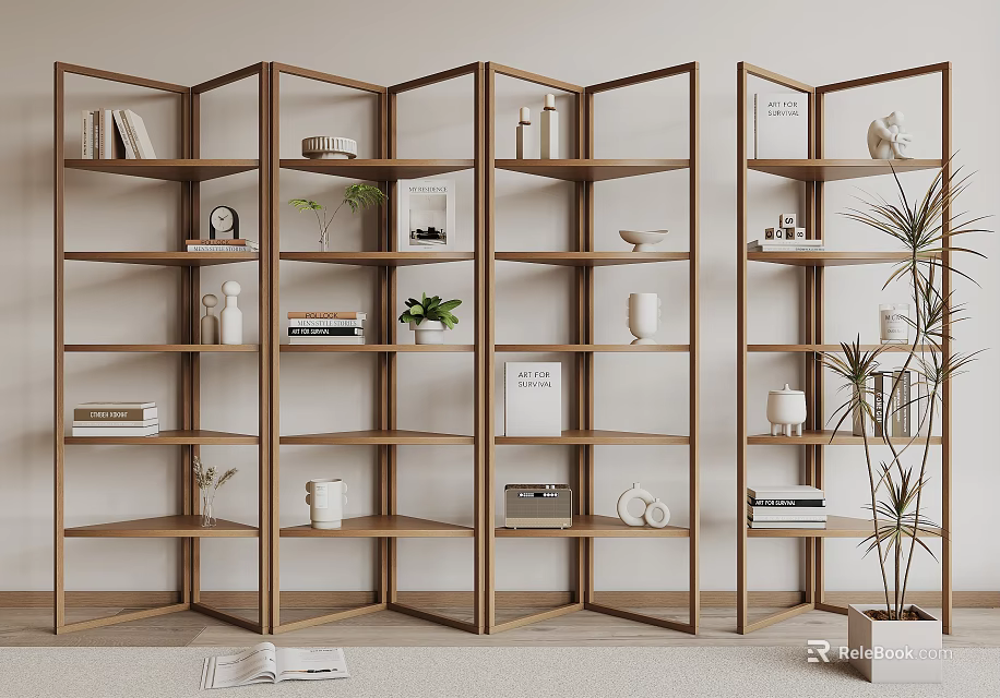 Modern Minimalist Wooden Shelving Unit With Multi Tiered Storage For Books Decorative Items And Plants 3d model 