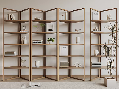 Modern Minimalist Wooden Shelving Unit With Multi Tiered Storage For Books Decorative Items And Plants 3d model