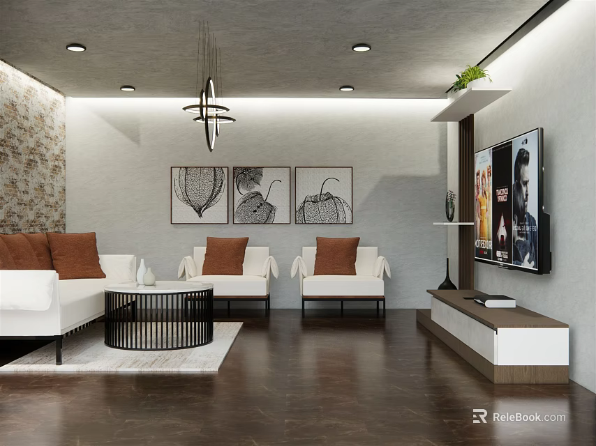 Modern Living Room Interior With White Sofa Brown Cushions Black Coffee Table And Decorative Paintings 3d model 