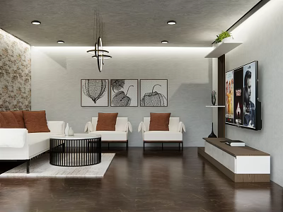 Modern Living Room Interior With White Sofa Brown Cushions Black Coffee Table And Decorative Paintings 3d model
