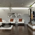 Modern Living Room Interior With White Sofa Brown Cushions Black Coffee Table And Decorative Paintings