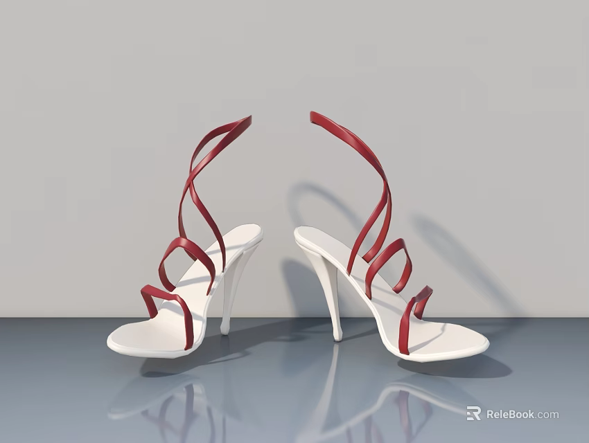 Elegant White High Heels With Red Straps On Gray Background With Reflection 3d model 