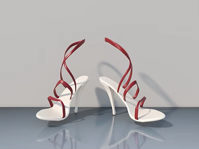 Elegant White High Heels With Red Straps On Gray Background With Reflection 3d model