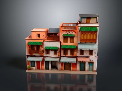 Traditional Multi Story Building Model With Colorful Facades Balconies And Green Awnings 3d model