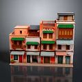 Traditional Multi Story Building Model With Colorful Facades Balconies And Green Awnings