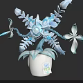 3D Character Biological Creature with Blue White Leaves Flowers and Label in White Pot
