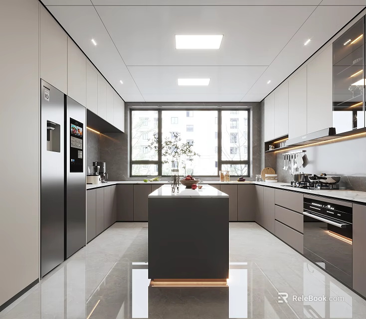Modern Kitchen Interior Design With Island Counter Cabinets Appliances And Large Window 3d model 