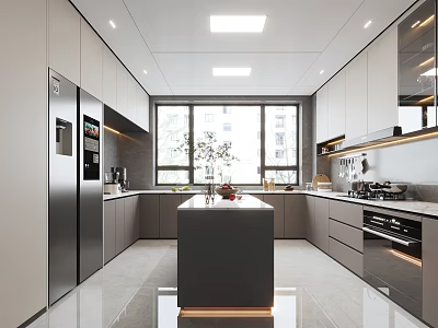 Modern Kitchen Interior Design With Island Counter Cabinets Appliances And Large Window 3d model