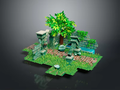 Cartoon Scene With Green Tree Stone Structures Small Pond Grass And Stone Path 3d model