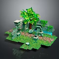 Cartoon Scene With Green Tree Stone Structures Small Pond Grass And Stone Path