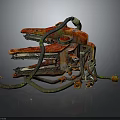 Biomechanical Monster Character Featuring Red Metal Body Green Tentacles And Chainsaw Appendages