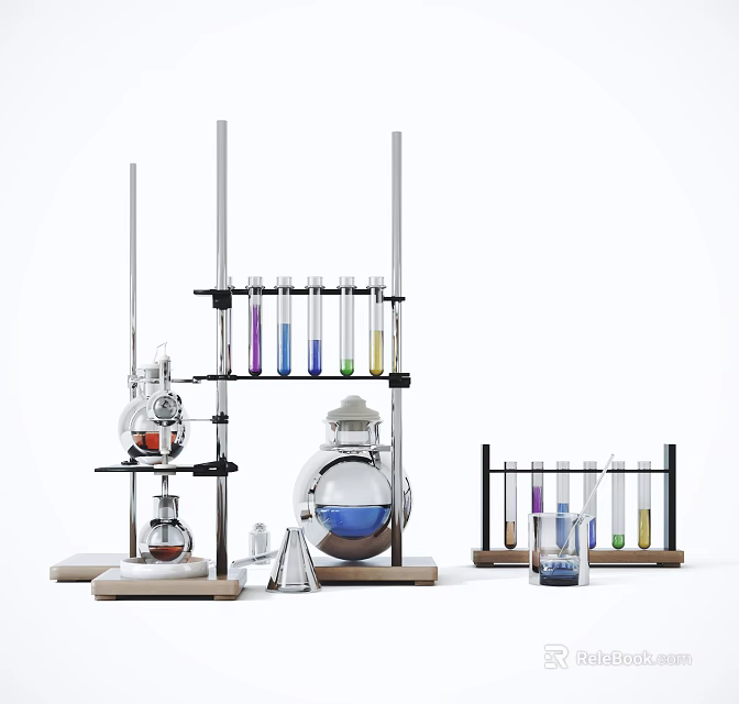 Laboratory Industrial Equipment With Glass Flasks Test Tubes Metal Stands And Colorful Liquids 3d model 