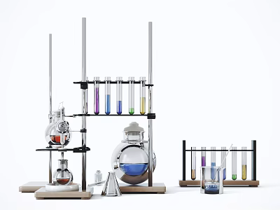 Laboratory Industrial Equipment With Glass Flasks Test Tubes Metal Stands And Colorful Liquids 3d model