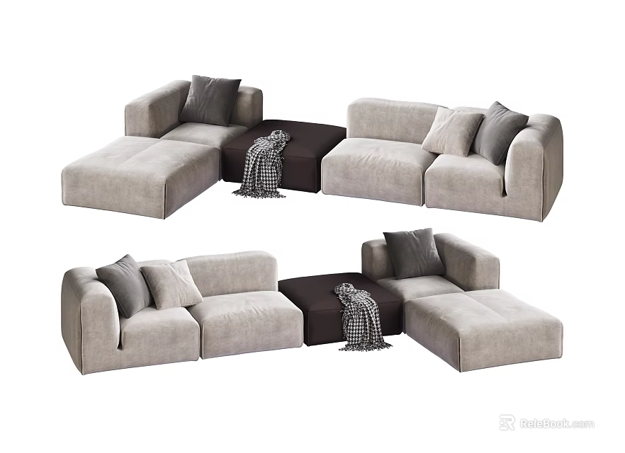 Light Gray Modular Sectional Sofa With Multiple Cushions And Throw Blanket Configurations 3d model