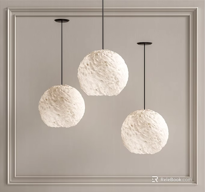 Three White Spherical Pendant Lights With Moon Surface Texture Black Cords And Light Wall Background 3d model