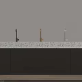Modern Bathroom Washbasin Vanity With Terrazzo Speckled Countertop Three Modern Faucets And Dark Cabinets