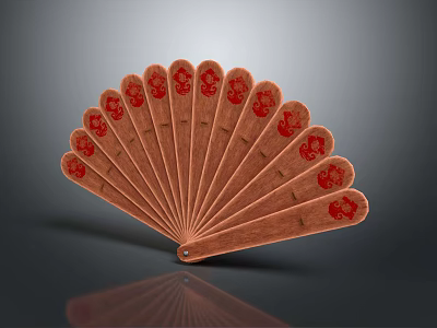 Traditional Wooden Brown Fan Hanging Decor with Red Floral Patterns 3d model
