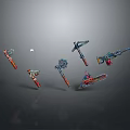 Colorful Pixel Art Weapons Collection Featuring Hammers Chainsaws And Floating Designs 3d model