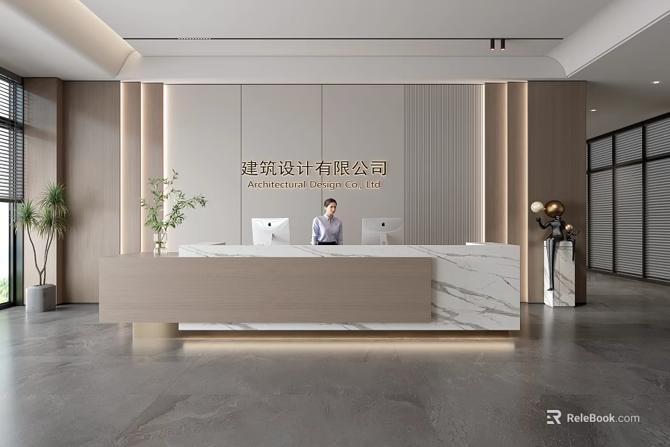 Elegant Modern Reception Area With Marble Countertop And Green Plants In Architectural Office 3d model 
