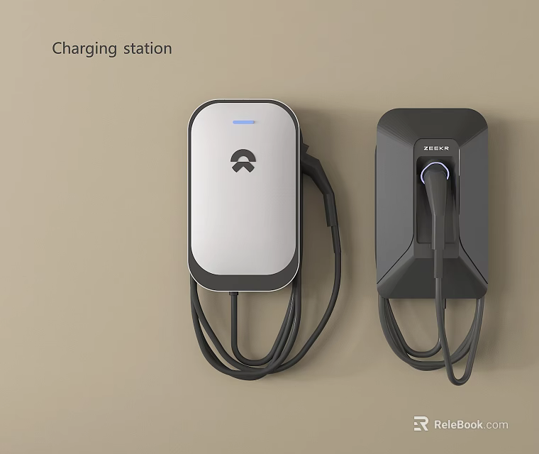 Public Electric Vehicle Charging Station Wall Mounted Units With Charging Cables 3d model 