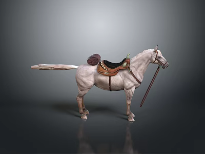 White Horse With Leather Saddle Stirrups And Bridle On Gray Reflective Ground 3d model