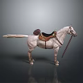 White Horse With Leather Saddle Stirrups And Bridle On Gray Reflective Ground