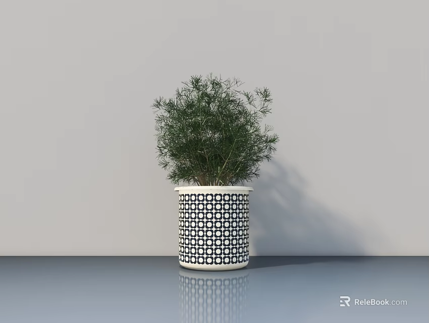 Bonsai Potted Plant in Black White Geometric Pattern Pot with Green Foliage on Gray Floor 3d model 