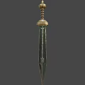 Ancient Decorative Sword With Golden Hilt And Intricate Engraved Blade Patterns