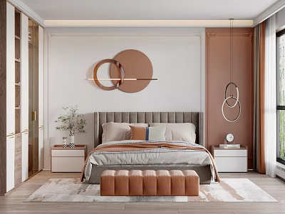 Modern Bedroom Interior With Gray Headboard Circular Wall Decor Nightstands And Hoop Pendant Lights 3d model