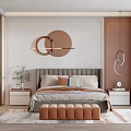 Modern Bedroom Interior With Gray Headboard Circular Wall Decor Nightstands And Hoop Pendant Lights