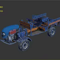 Blue And Orange Tractor With Open Trailer And Seats On Black Background