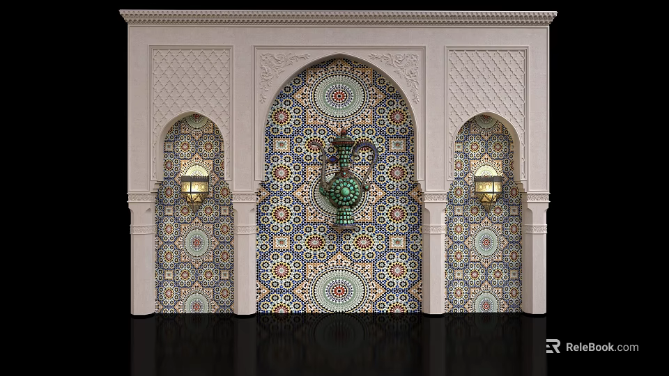 Moroccan Arched Wall Design With Mosaic Tiles And Decorative Lanterns 3d model 