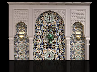 Moroccan Arched Wall Design With Mosaic Tiles And Decorative Lanterns 3d model