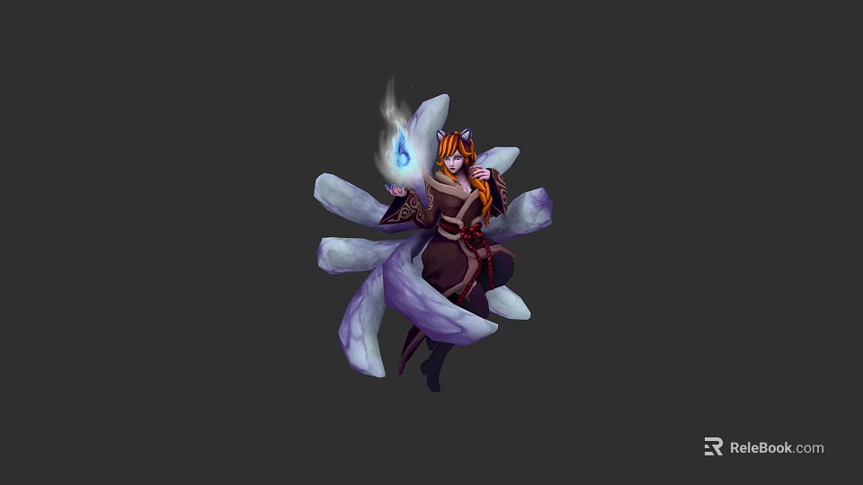 Orange Haired Female Character With Purple Petal Like Creature Holding Blue Glowing Magic Orb 3d model 