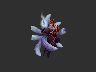 Orange Haired Female Character With Purple Petal Like Creature Holding Blue Glowing Magic Orb 3d model