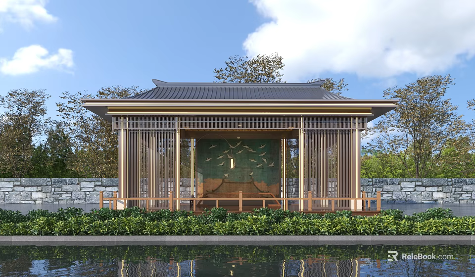 Traditional Chinese Pavilion With Wooden Frame Green Screen Water Pool Stone Wall And Garden Plants 3d model 