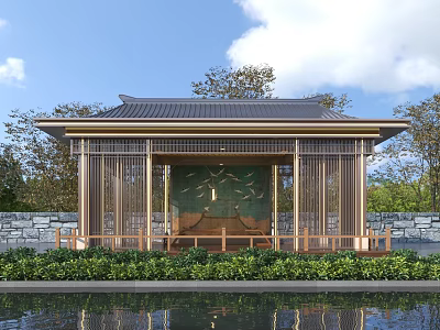 Traditional Chinese Pavilion With Wooden Frame Green Screen Water Pool Stone Wall And Garden Plants 3d model
