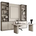 Modern Home Office Desk Chair Set With Wooden Bookshelves Wall Art And Table Lamp