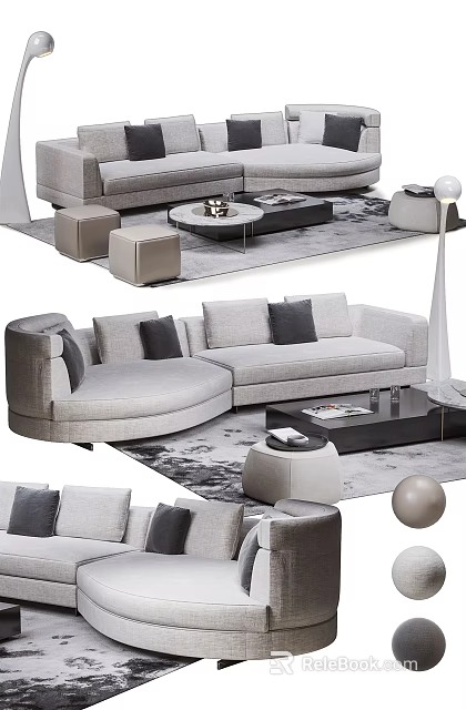 Modern Light Gray Curved Sofa Coffee Table Combination With Black Table Ottomans Pillows And Rug 3d model