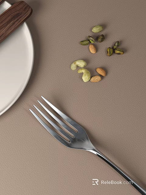 Dinnerware Combination with White Plate Silver Fork and Nuts on Brown Surface 3d model 