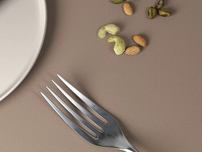 Dinnerware Combination with White Plate Silver Fork and Nuts on Brown Surface 3d model
