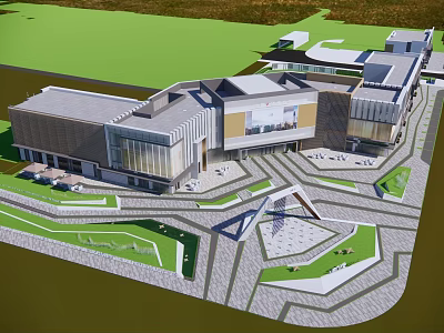 Modern Commercial Street With Contemporary Buildings Plaza And Green Pedestrian Areas 3d model