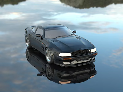 Sleek Black Sports Car Parked On Shiny Water Surface With Sky Reflection 3d model