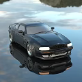 Sleek Black Sports Car Parked On Shiny Water Surface With Sky Reflection